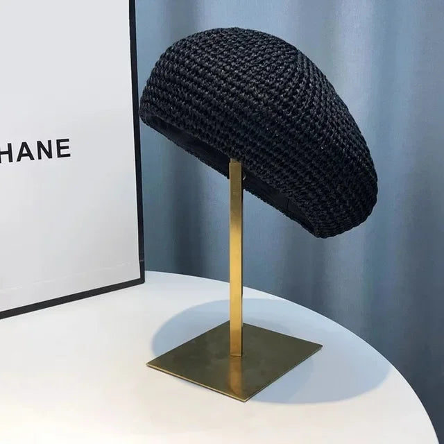 Women Handmade Crochet Beret Cap Solid Color Hollow Out Sweet Floral Weave Lady Leisure Vintage Slouchy Painter Hat