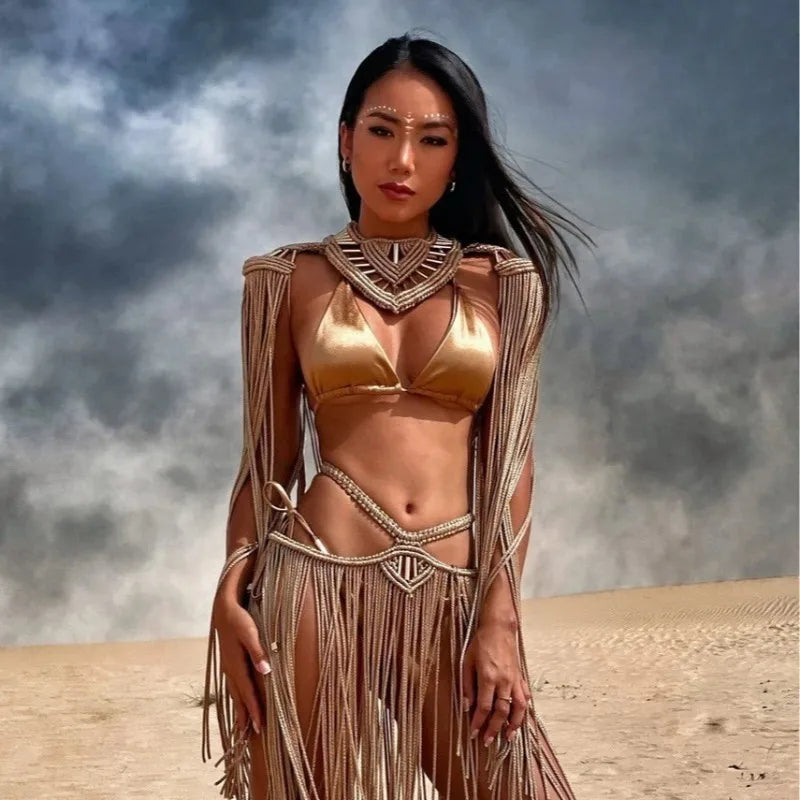 Vintage Hand Crochet Knitted Long Tassel 2 Piece Set Women Sexy Cape + Maxi Skirts Summer Holiday Bikini Cover Ups Beachwear