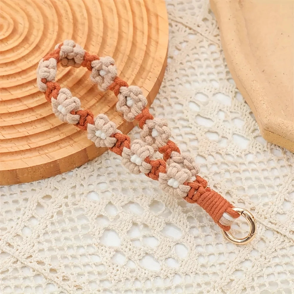 Handmade Boho Macrame Keychain Wristlet –Exquisite Crochet Floral Design,Perfect for Keys or Phone Lanyard, Decorative Wristlet