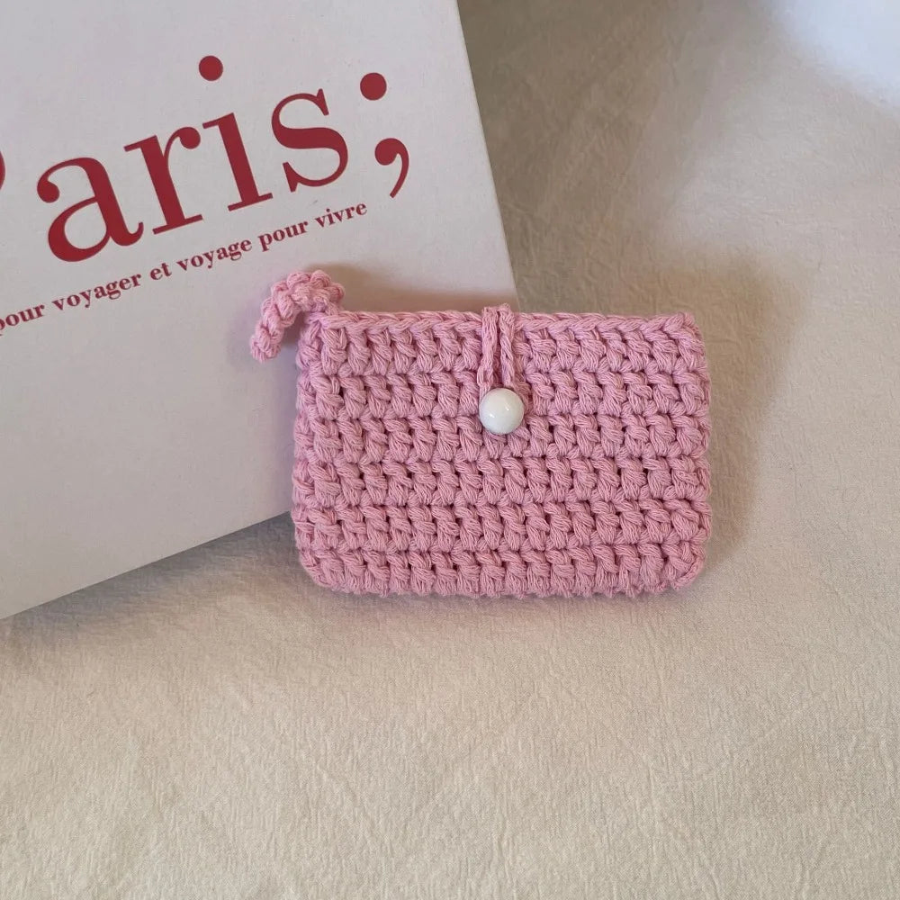 Ins Solid Color Weaving Card Bag Handmade Small Crochet Coin Purse Square Knitting Mini Handbags for Ladies/Girls