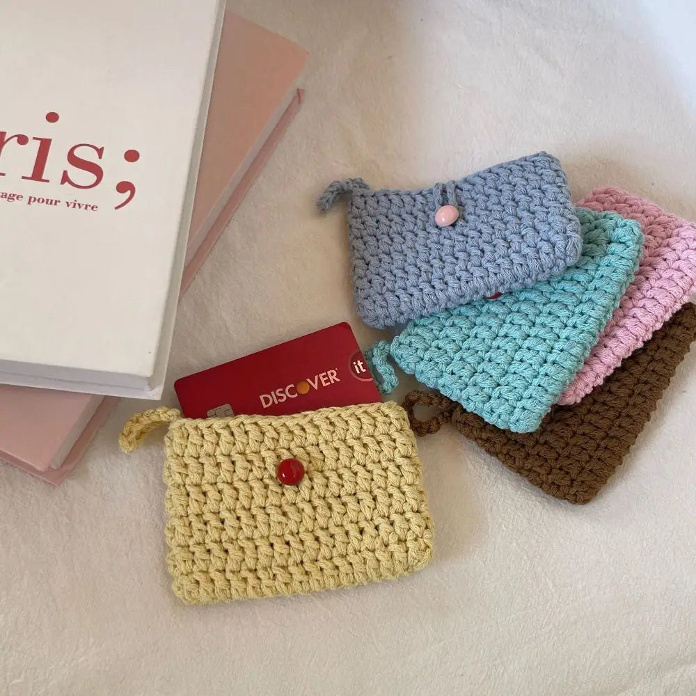 Ins Solid Color Weaving Card Bag Handmade Small Crochet Coin Purse Square Knitting Mini Handbags for Ladies/Girls