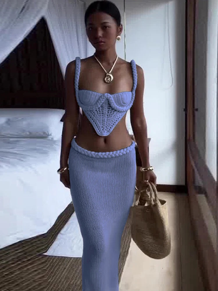 Weird Puss Crochet Shirring 2 Piece Set Women Cross Bandage Backless Irregular Tops+Solid Long Skirts Vacation Beach Style Suits