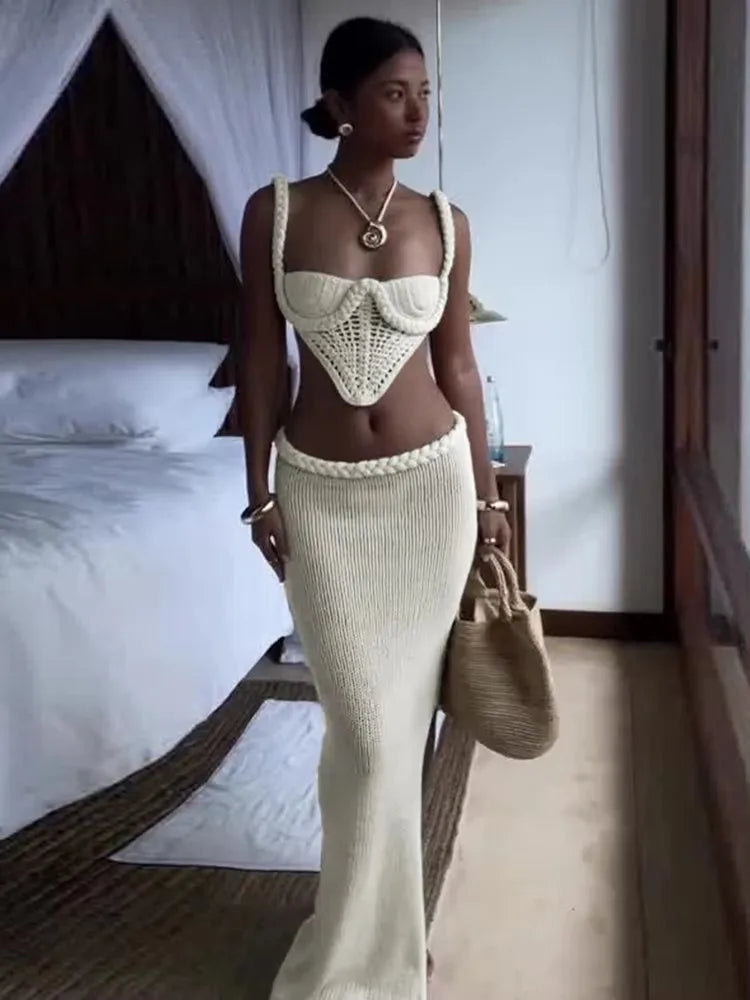 Weird Puss Crochet Shirring 2 Piece Set Women Cross Bandage Backless Irregular Tops+Solid Long Skirts Vacation Beach Style Suits