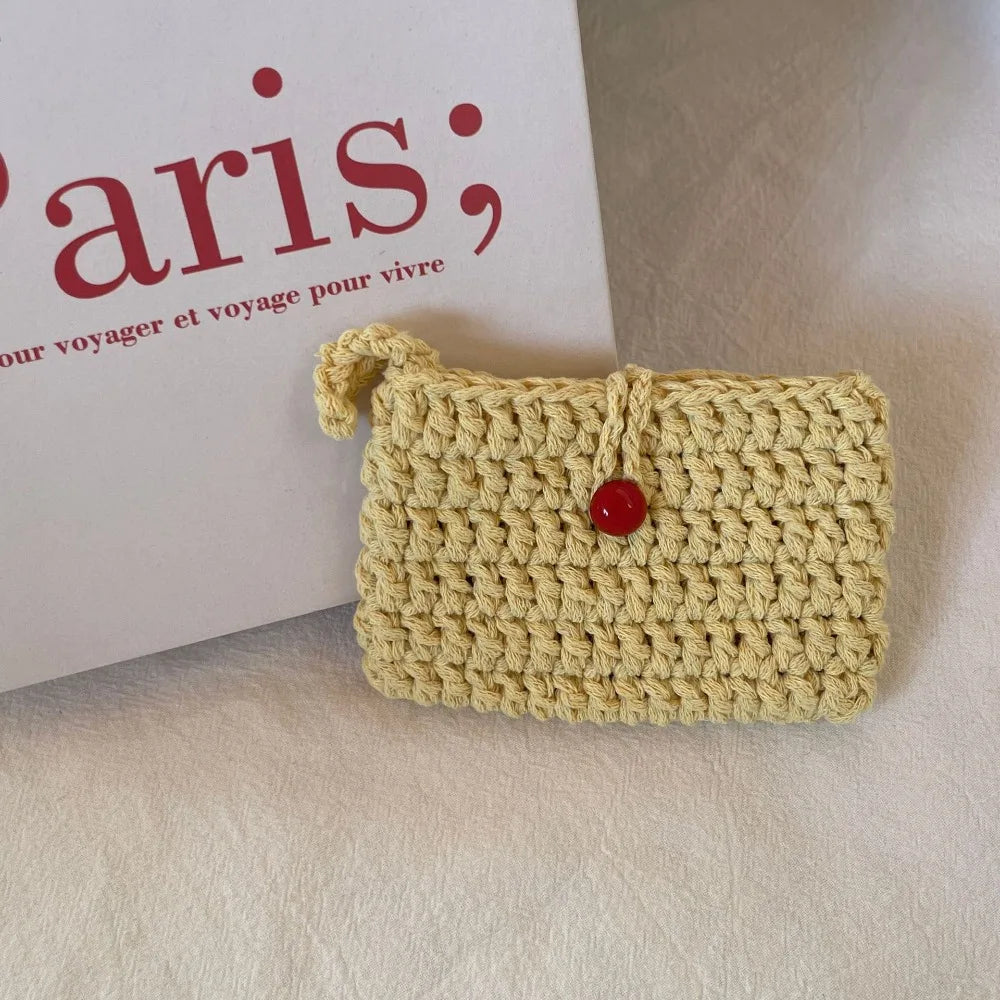 Ins Solid Color Weaving Card Bag Handmade Small Crochet Coin Purse Square Knitting Mini Handbags for Ladies/Girls