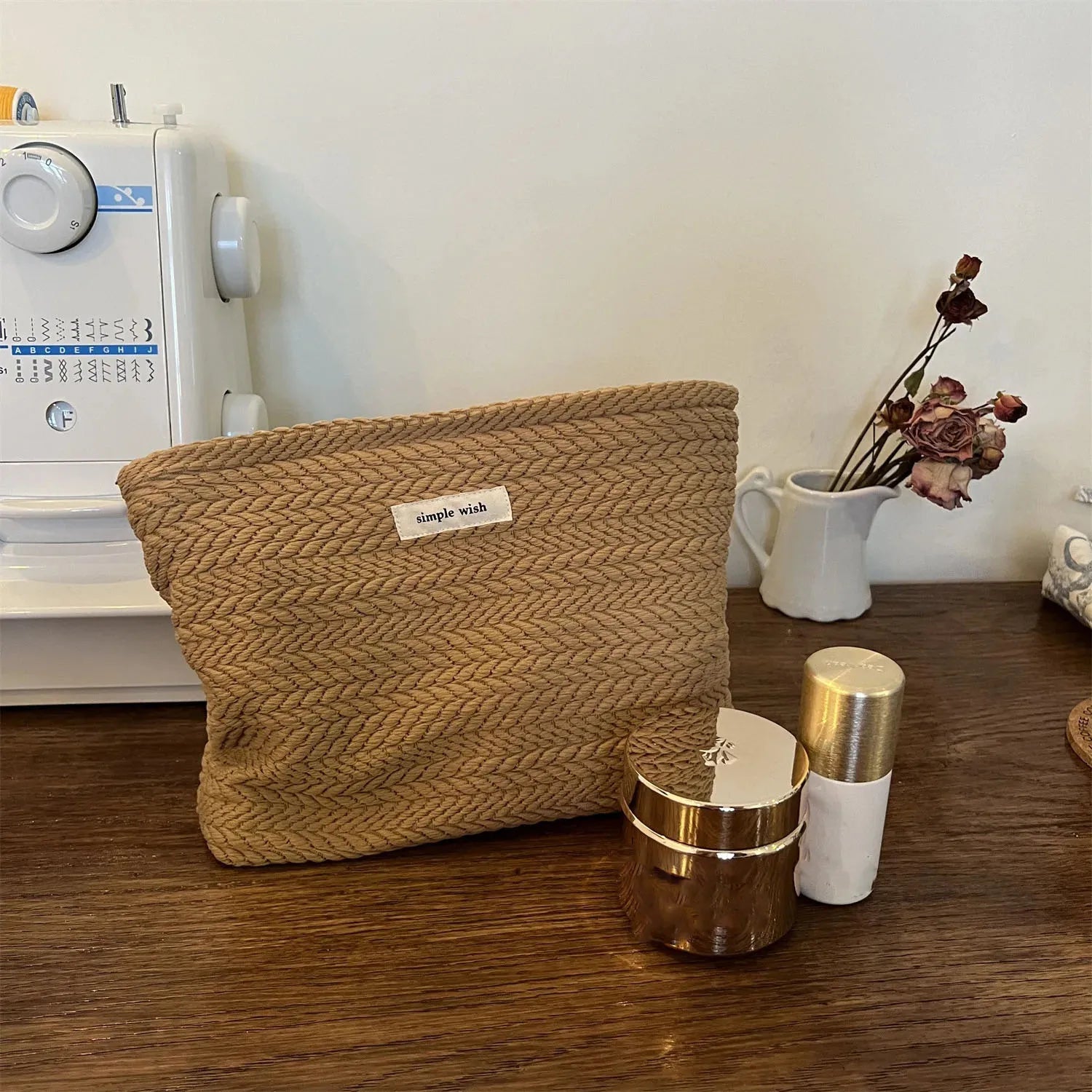 Handwoven Cotton Makeup Bag – Artistic Crochet Cosmetic Pouch with Zipper, Minimalist Clutch for Women