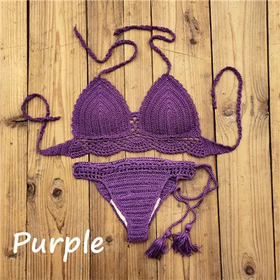 10 Color Hand Crochet Women Swimwear Sexy Crop Top Push up Bikini Set Beach Swimsuit Suit tassel Swim shorts