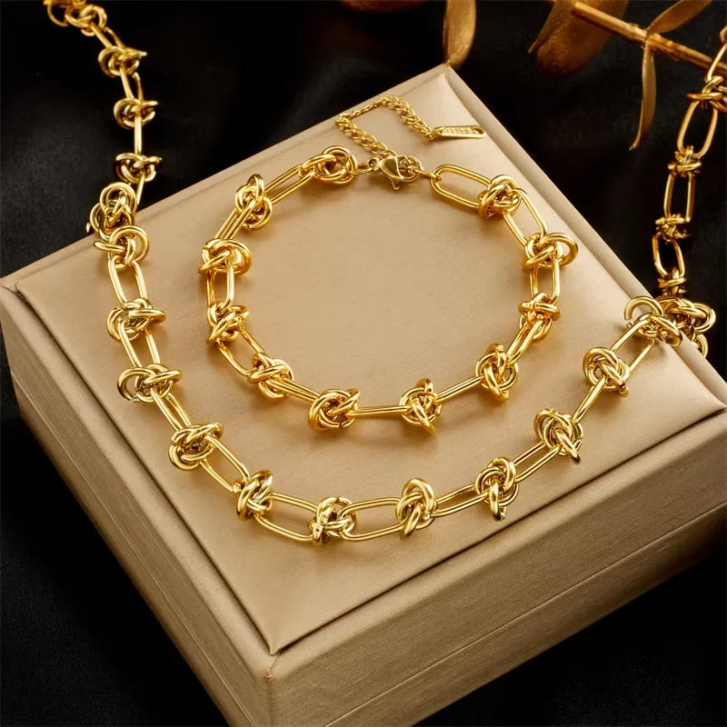 DIEYURO 316L Stainless Steel Gold Silver Color Twist Knot Necklace