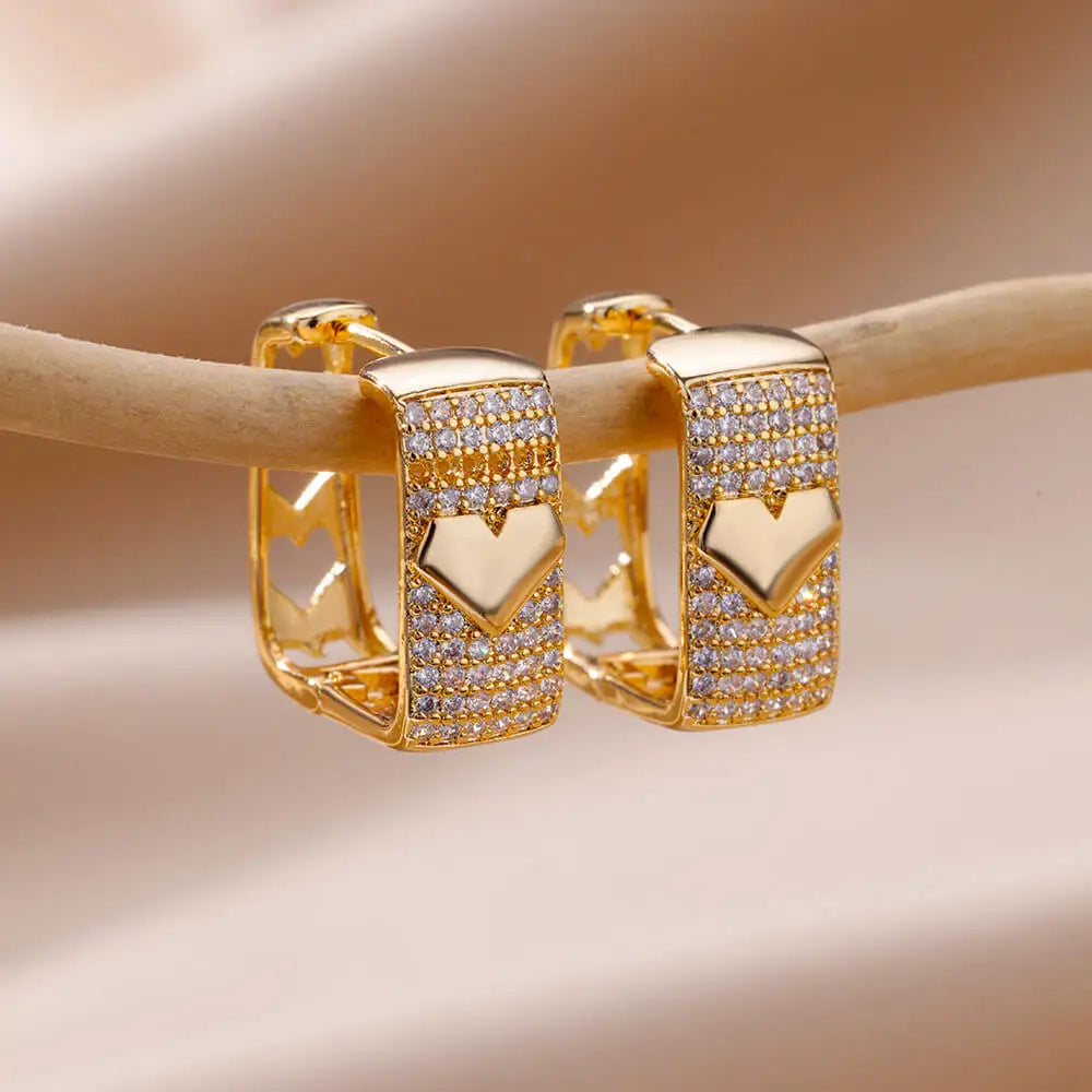 Shiny Zircon Circle Square Hoop Earrings for Women Gold Color