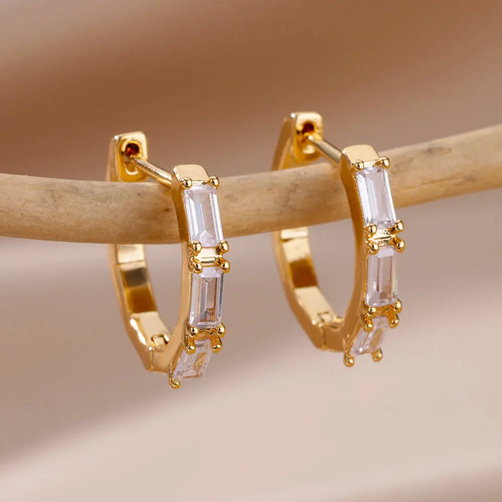 Shiny Zircon Circle Square Hoop Earrings for Women Gold Color