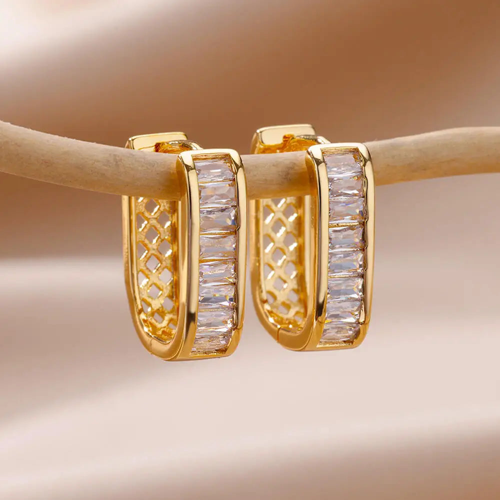 Shiny Zircon Circle Square Hoop Earrings for Women Gold Color