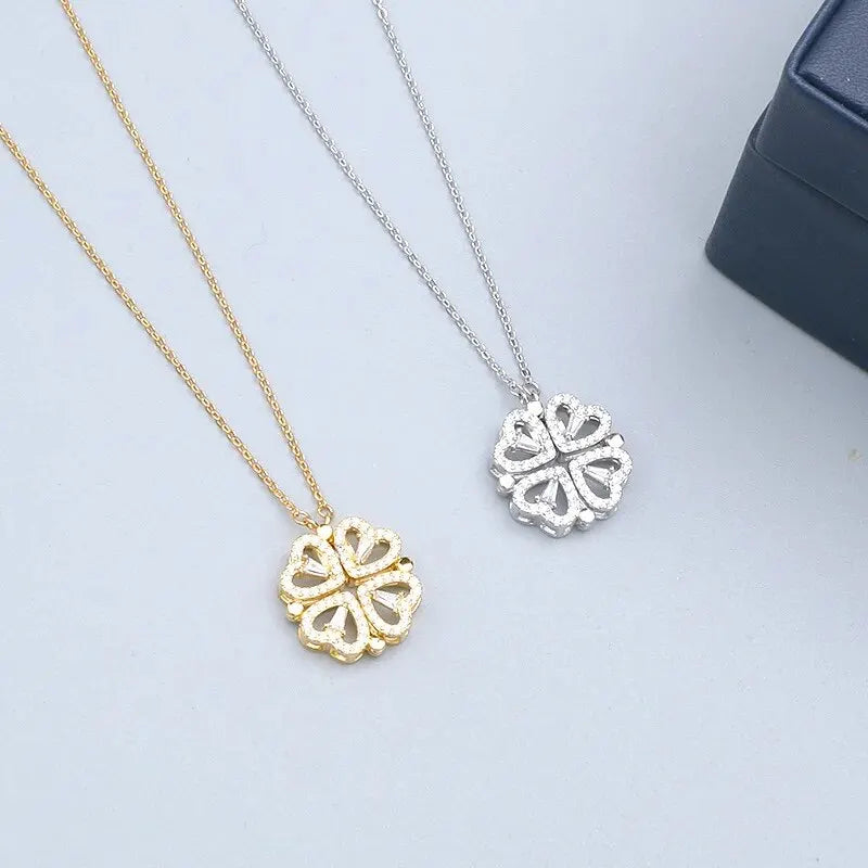 New Fashion Double Wear Magnet Four Heart Flower Pendant Necklace For