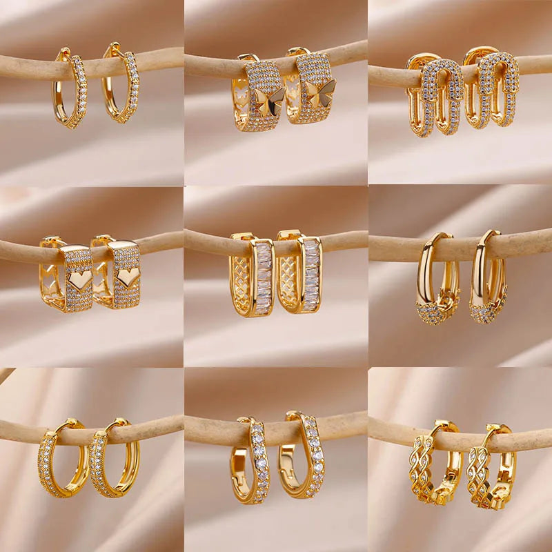 Shiny Zircon Circle Square Hoop Earrings for Women Gold Color