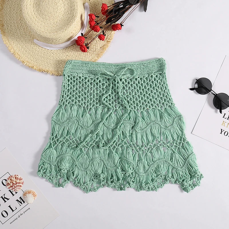 Handmade Crochet Hollow Out Swimwear Cover Up Solid Color Drawstring Short Skirt Women Holiday Knitting Sweet Beachwear