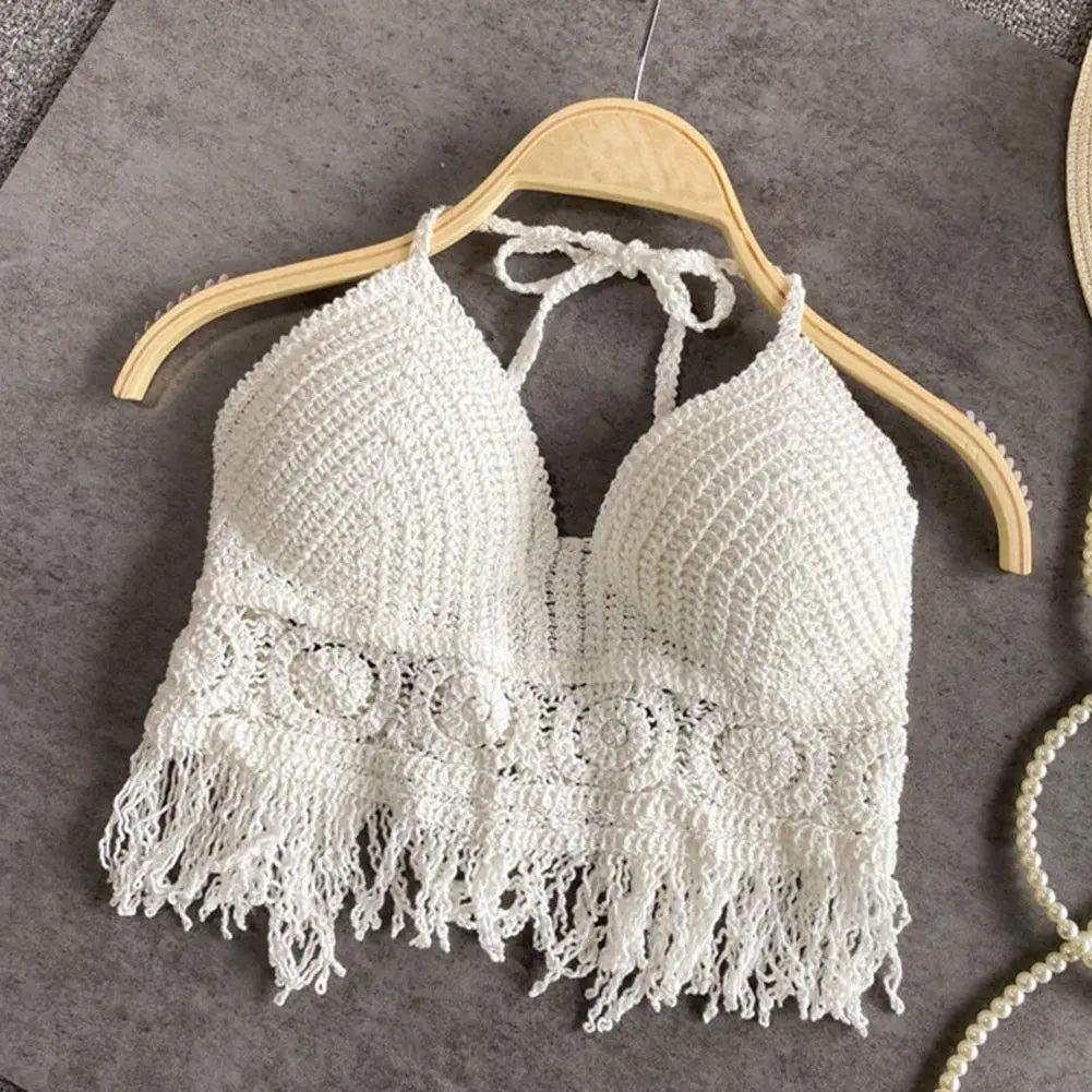 Women Crochet Halter Top Summer Beach Knit Crop Tank Fringe Boho Lace Up Backless Cami Blouse Festival Vacation Wear