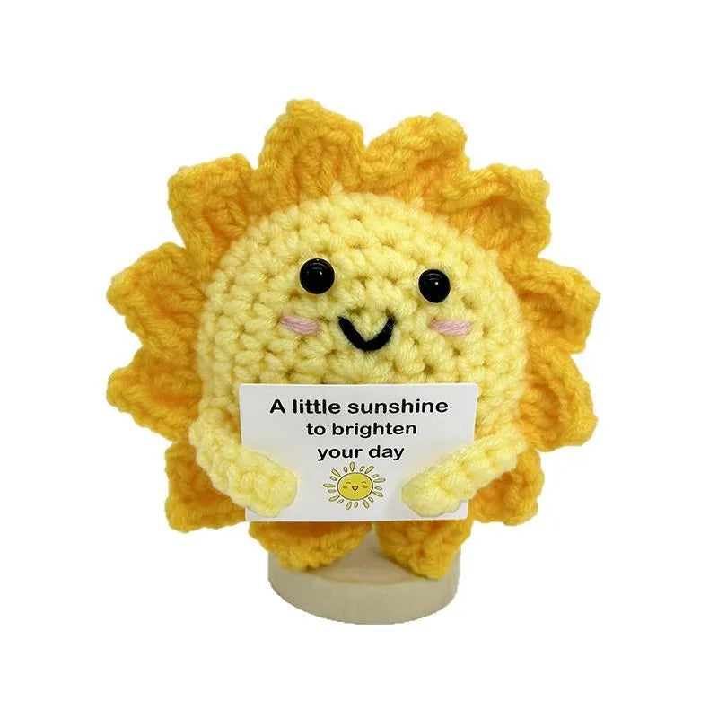 Funny Positive Crochet Sunshine Doll Desktop Ornament Handmade Cheer Emotional Support Positive Sun with Card Home Party Decor