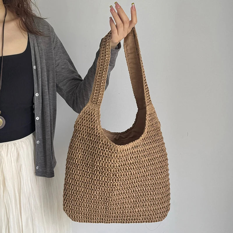 Fashion Rattan Women Shoulder Bags Woven Female Handbags Large Capacity Summer Beach Straw Bags Casual Tote Purses