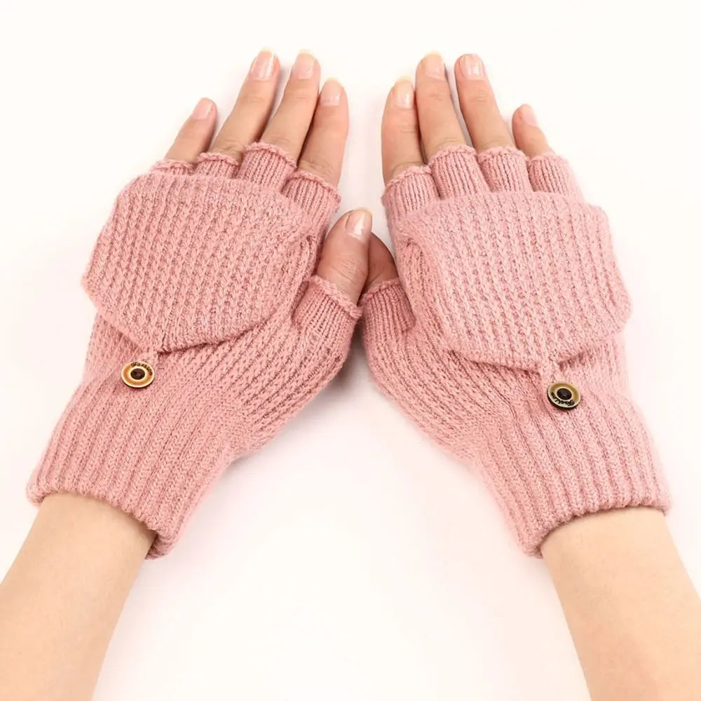 1 Pair Knitted Thicken Flip Cover Gloves Classic Solid Color Exposed Gloves Soft Crochet Fingerless Mittens Winter Warm Mittens