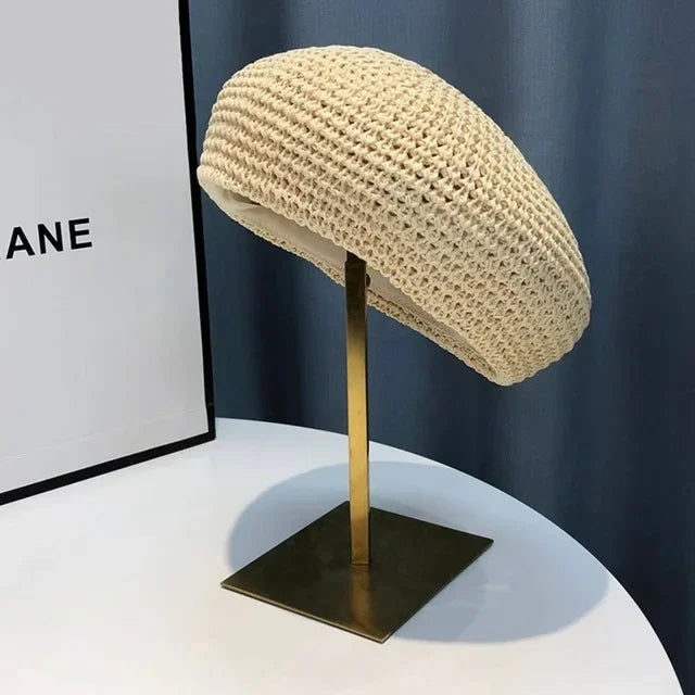 Women Handmade Crochet Beret Cap Solid Color Hollow Out Sweet Floral Weave Lady Leisure Vintage Slouchy Painter Hat