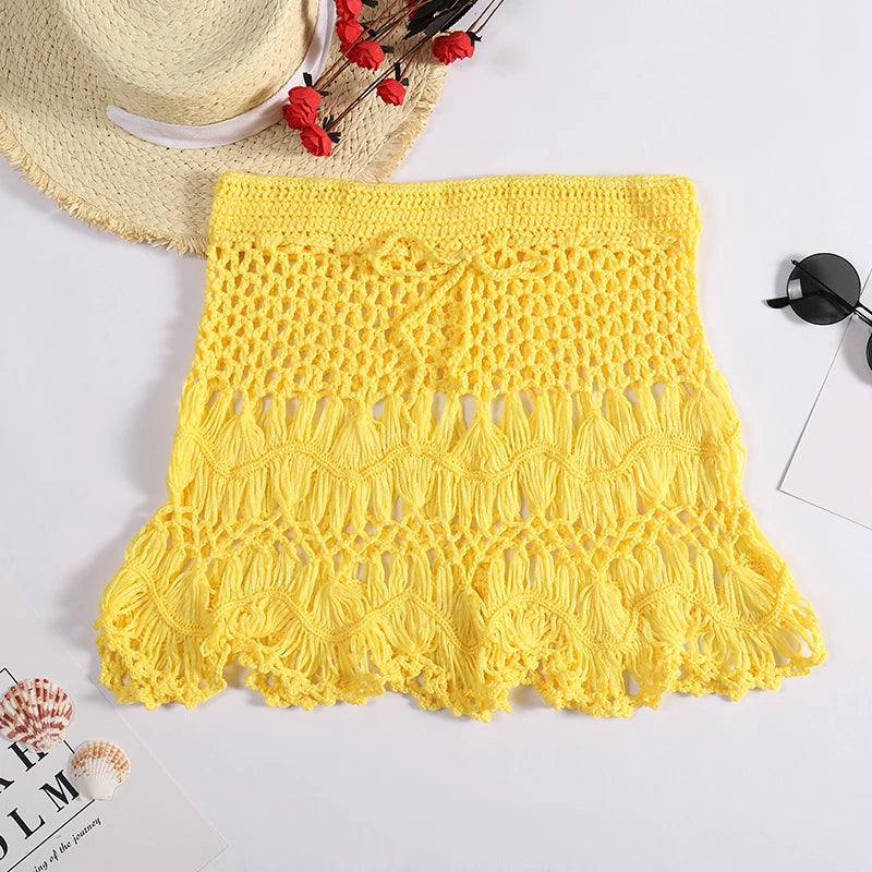 Handmade Crochet Hollow Out Swimwear Cover Up Solid Color Drawstring Short Skirt Women Holiday Knitting Sweet Beachwear