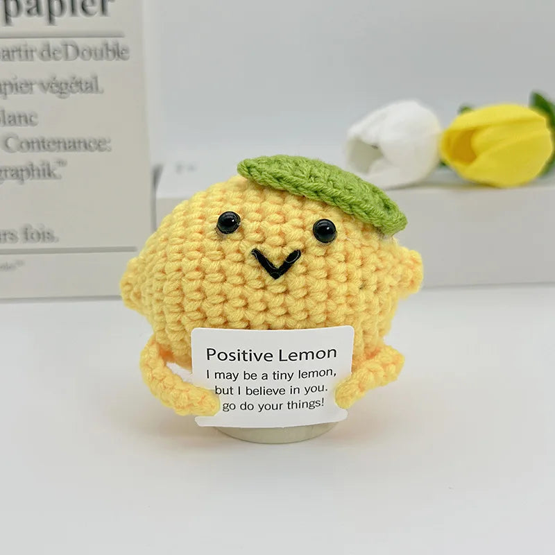 Funny Positive Crochet Sunshine Doll Desktop Ornament Handmade Cheer Emotional Support Positive Sun with Card Home Party Decor