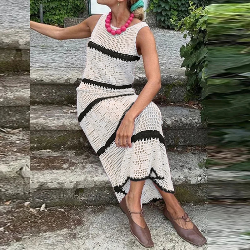 Vestidos Sexy Crochet Hook Knitted Dress Woman O-Neck Striped Print Hollow Long Dress 2025 Summer Sleeveless Holiday Beach Dress