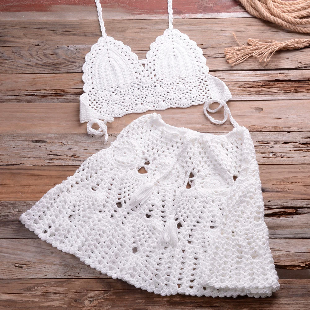 CROCHET BIKINI Two-piece Crochet Women Bikini Set Cover Up Swimsuit Swim Skirt Swimwear Bathing Swimdress Beachwear