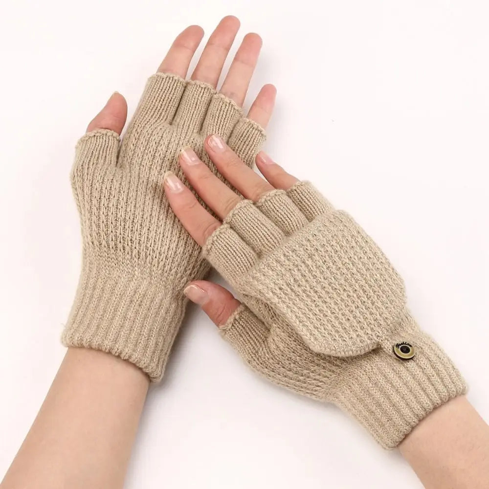 1 Pair Knitted Thicken Flip Cover Gloves Classic Solid Color Exposed Gloves Soft Crochet Fingerless Mittens Winter Warm Mittens