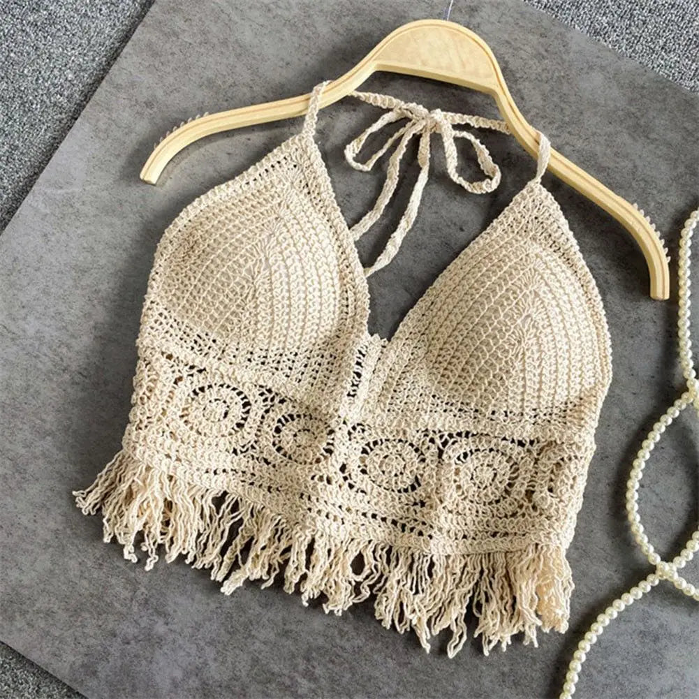 Women Crochet Halter Top Summer Beach Knit Crop Tank Fringe Boho Lace Up Backless Cami Blouse Festival Vacation Wear