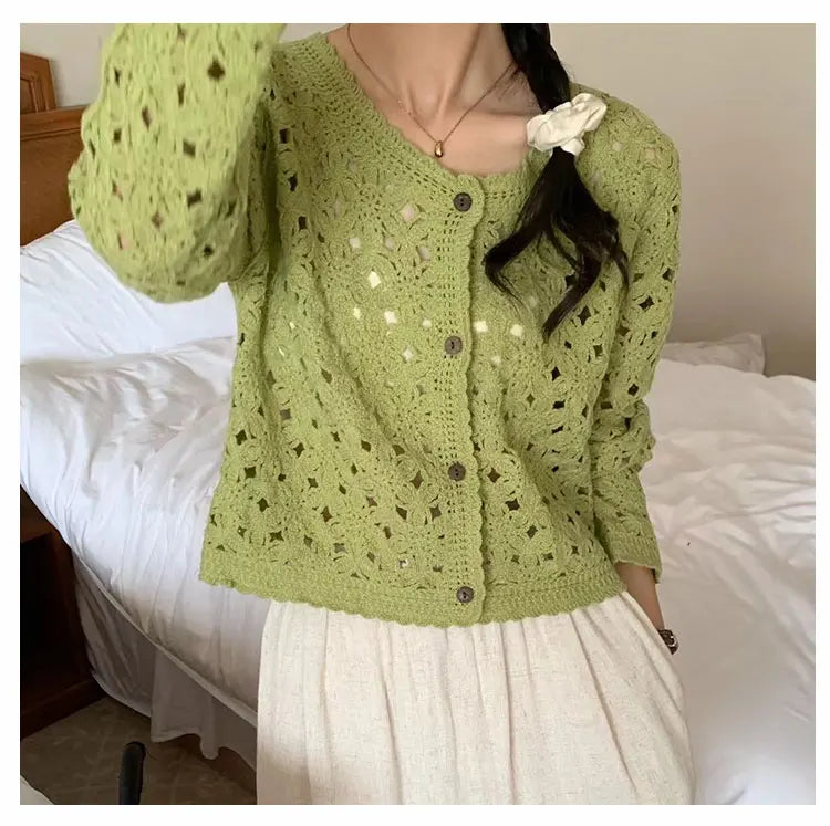 Long Sleeve Crochet Top for Women Sheer Button Up Hollow Out Openwork Knit Cardigan Jacket Spring Summer Boho Vacation Outfit