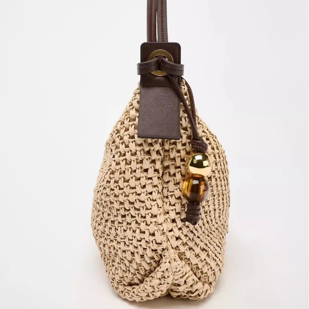 Casual Hobos Straw Bag Designer Woven Women Shoulder Bags Vintage Bead Deco Handbags Handmade Summer Beach Bag Small Tote Purses