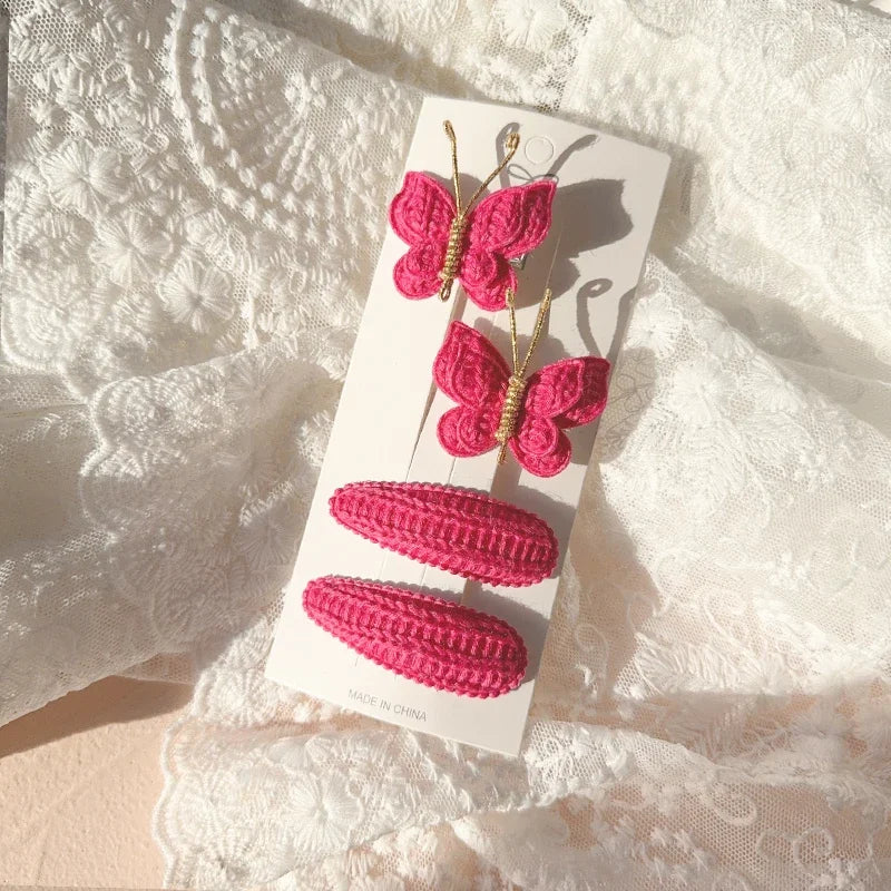 4pcs Sweet and Cute Children's Hair Clip Wool Knitting Headwear Handmade Crochet Butterfly Alloy Children Hairpins Wholesale