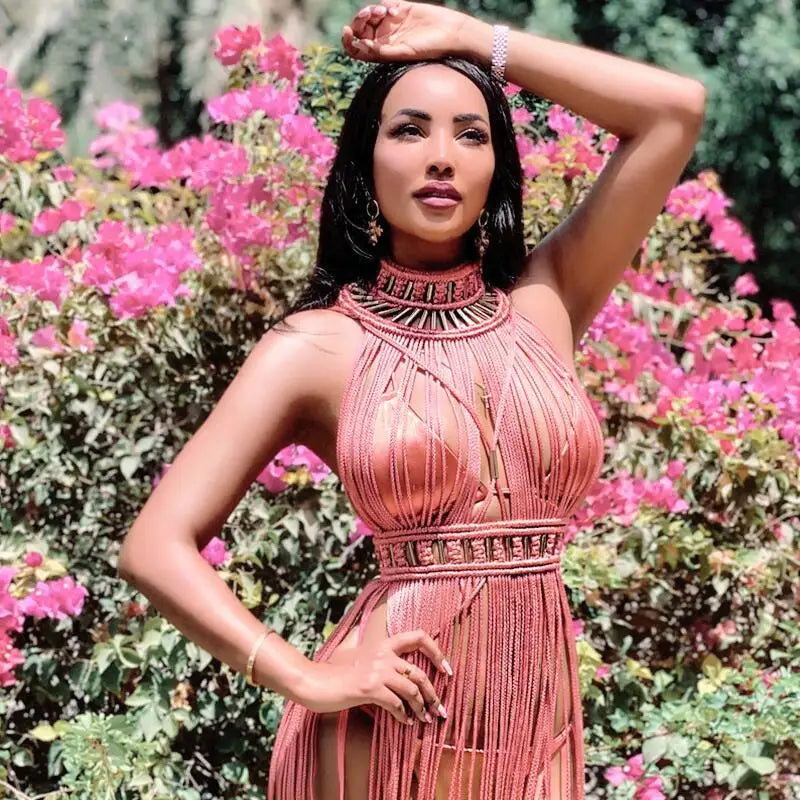 Bohemian Crochet Knitted Women Beach Cover Ups Vintage Tassel Halter Neck Long Maxi Dress Backless Vestidos Customizable Colors