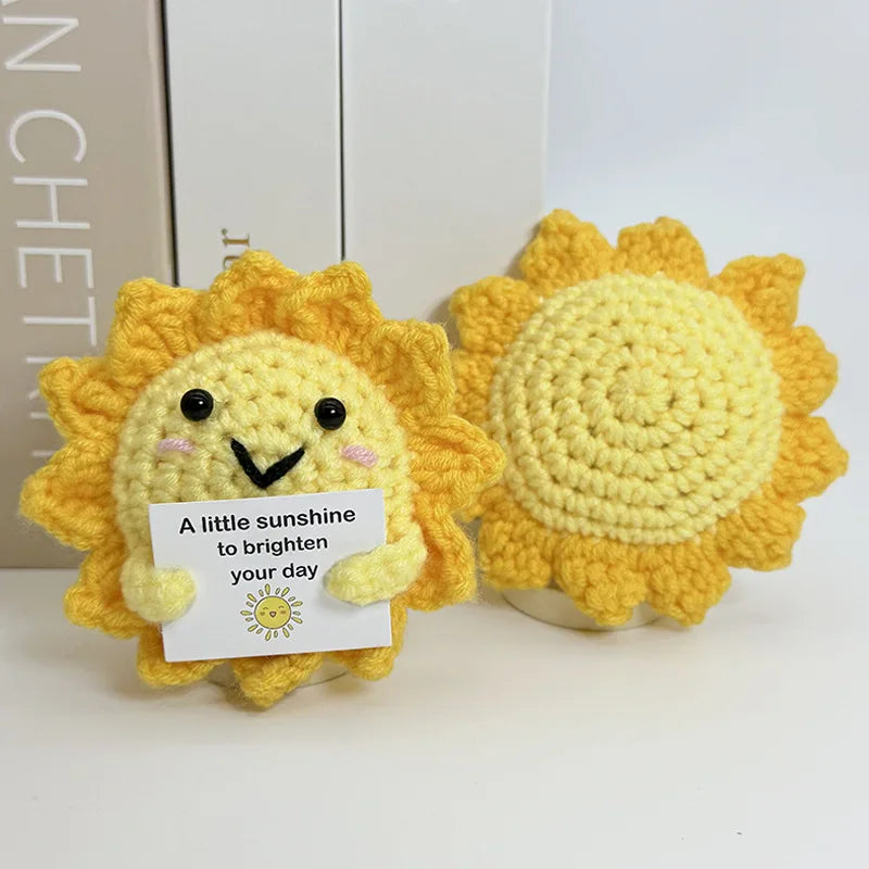 Funny Positive Crochet Sunshine Doll Desktop Ornament Handmade Cheer Emotional Support Positive Sun with Card Home Party Decor
