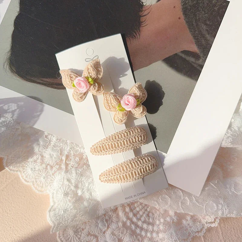 4pcs Sweet and Cute Children's Hair Clip Wool Knitting Headwear Handmade Crochet Butterfly Alloy Children Hairpins Wholesale