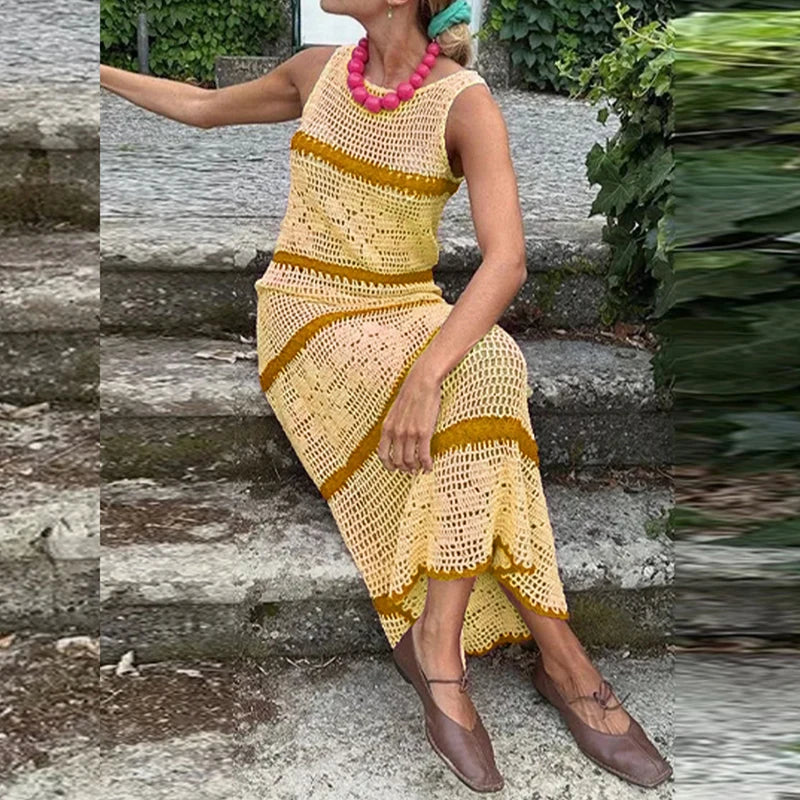 Vestidos Sexy Crochet Hook Knitted Dress Woman O-Neck Striped Print Hollow Long Dress 2025 Summer Sleeveless Holiday Beach Dress