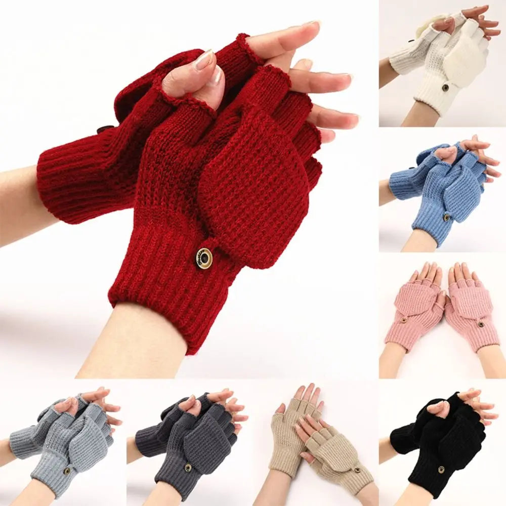 1 Pair Knitted Thicken Flip Cover Gloves Classic Solid Color Exposed Gloves Soft Crochet Fingerless Mittens Winter Warm Mittens