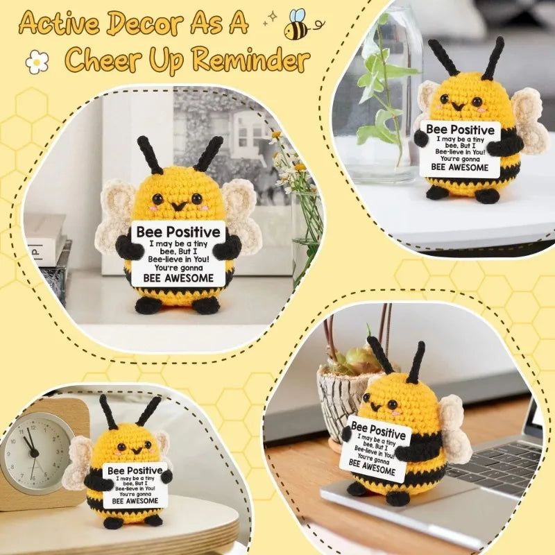 1PC Mini Cute Crochet Positive Bee Creative Plush Holiday Gift Desktop Decoration Ornament Gift