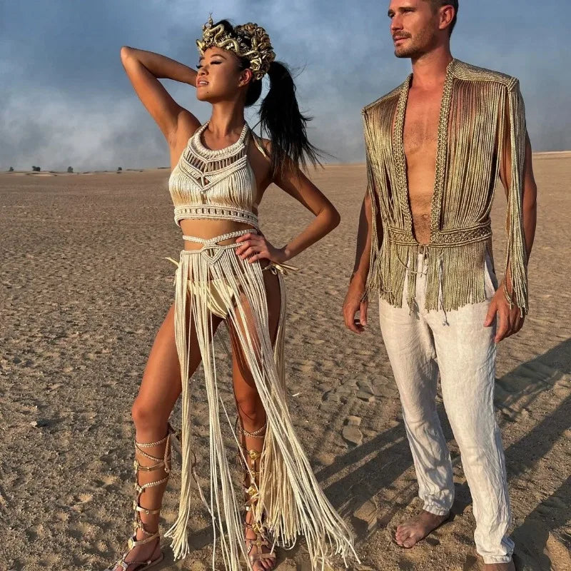 Handmade Knitted Crochet Women Cover Ups Off Shoulder Solid Tassel Crop Top Long Maxi Skirts Set 2025 Summer Beach Bathing Suit