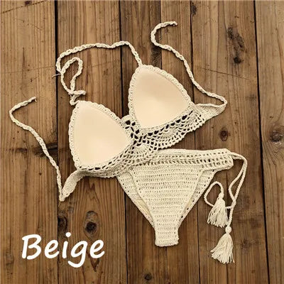10 Color Hand Crochet Women Swimwear Sexy Crop Top Push up Bikini Set Beach Swimsuit Suit tassel Swim shorts