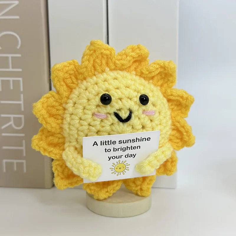 Funny Positive Crochet Sunshine Doll Desktop Ornament Handmade Cheer Emotional Support Positive Sun with Card Home Party Decor