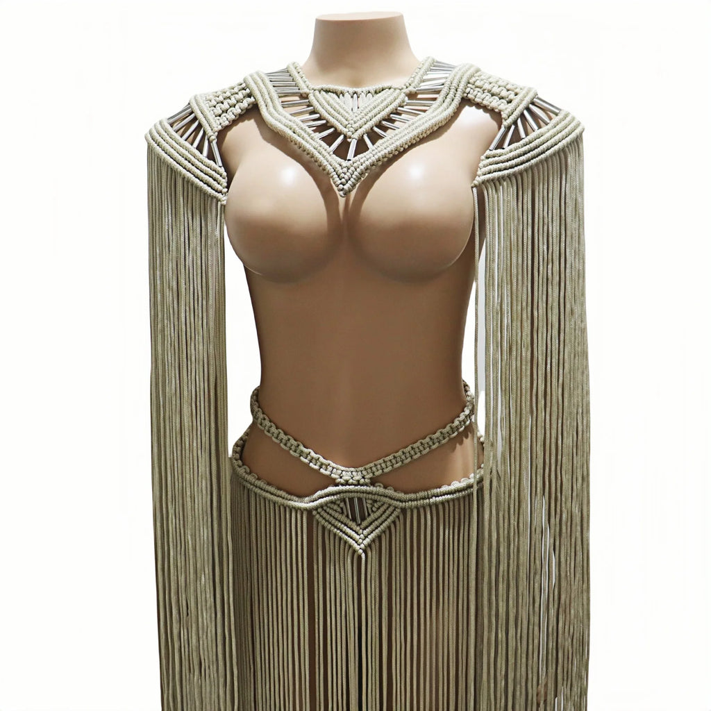 Vintage Hand Crochet Knitted Long Tassel 2 Piece Set Women Sexy Cape + Maxi Skirts Summer Holiday Bikini Cover Ups Beachwear