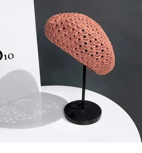 Women Handmade Crochet Beret Cap Solid Color Hollow Out Sweet Floral Weave Lady Leisure Vintage Slouchy Painter Hat