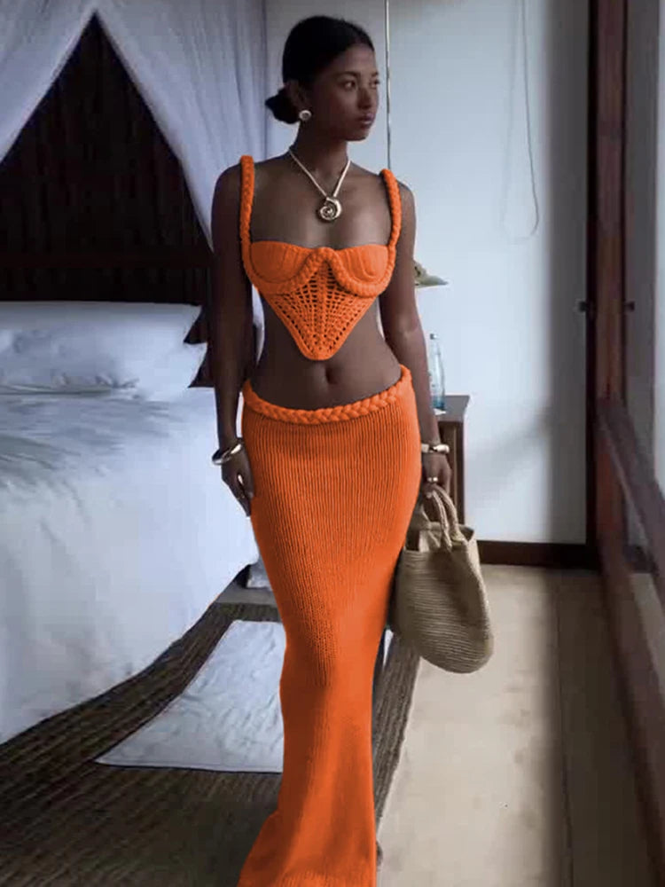 Weird Puss Crochet Shirring 2 Piece Set Women Cross Bandage Backless Irregular Tops+Solid Long Skirts Vacation Beach Style Suits