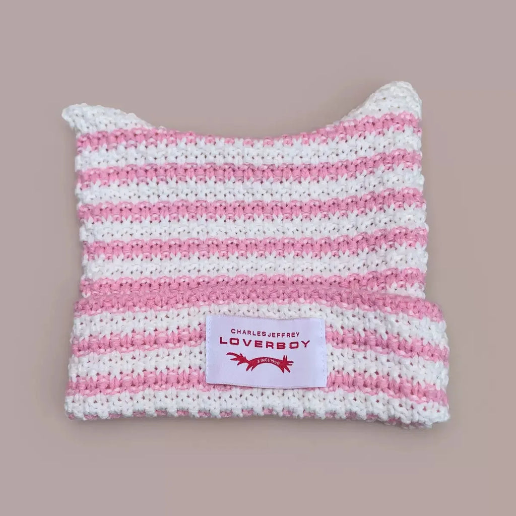 Y2K Handmade Stripe Knit Beanie Hat Cat Ears Cold Hat Winter Men Female Warm Crochet Hat Kawaii Designer