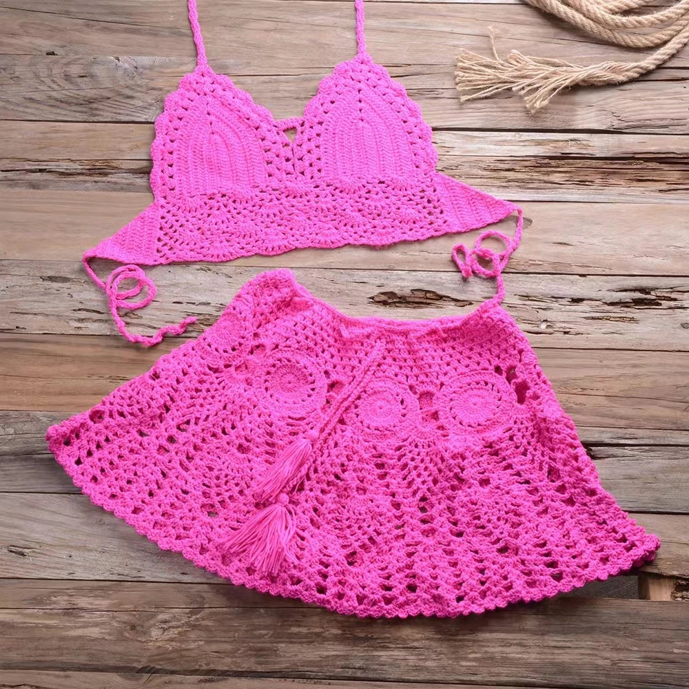 CROCHET BIKINI Two-piece Crochet Women Bikini Set Cover Up Swimsuit Swim Skirt Swimwear Bathing Swimdress Beachwear