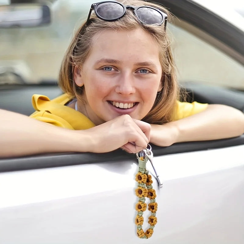 Handmade Boho Macrame Keychain Wristlet –Exquisite Crochet Floral Design,Perfect for Keys or Phone Lanyard, Decorative Wristlet