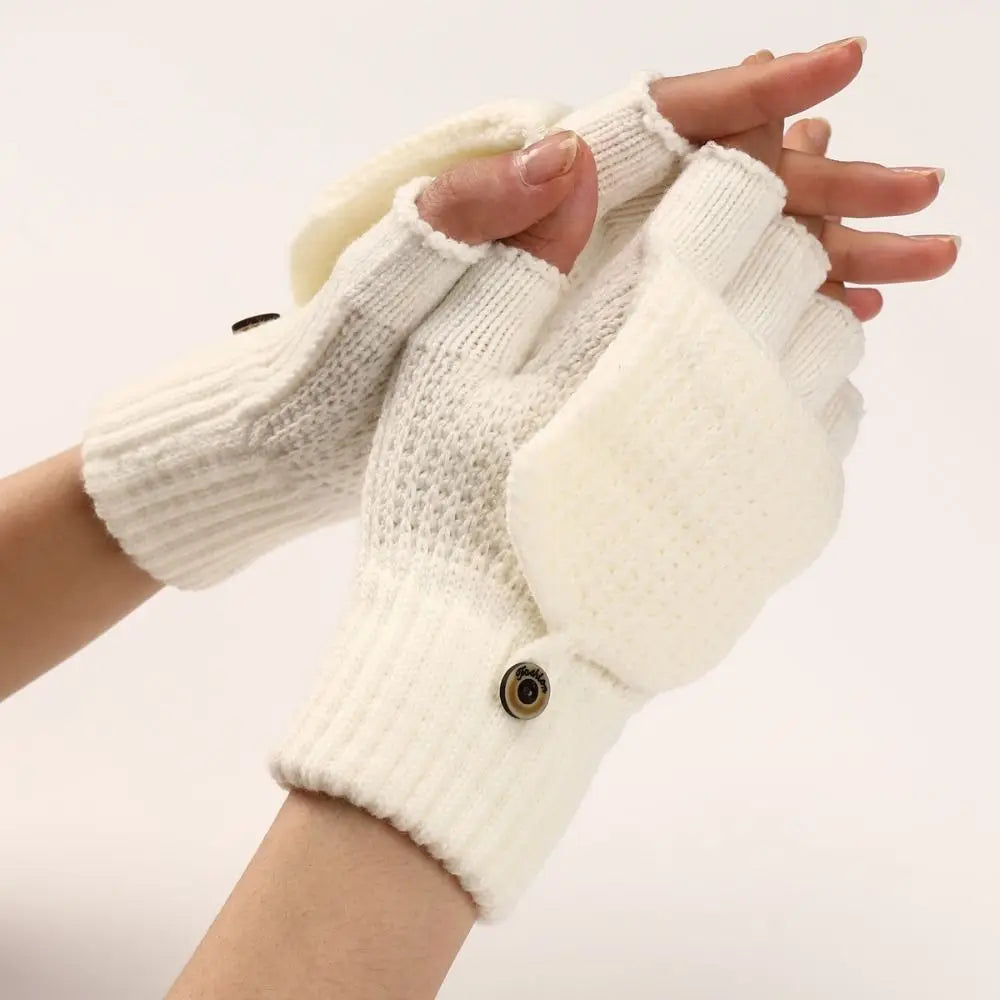 1 Pair Knitted Thicken Flip Cover Gloves Classic Solid Color Exposed Gloves Soft Crochet Fingerless Mittens Winter Warm Mittens