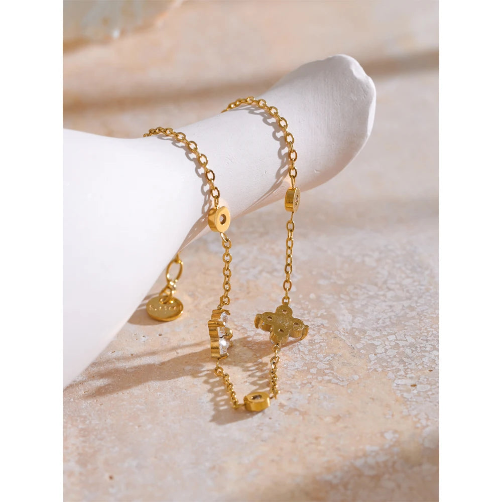 Yhpup Delicate Cubic Zirconia Flower Chain Thin Bracelet Bangle Stainless Steel Rust Proof Office Ladies Chic Jewelry New Gift