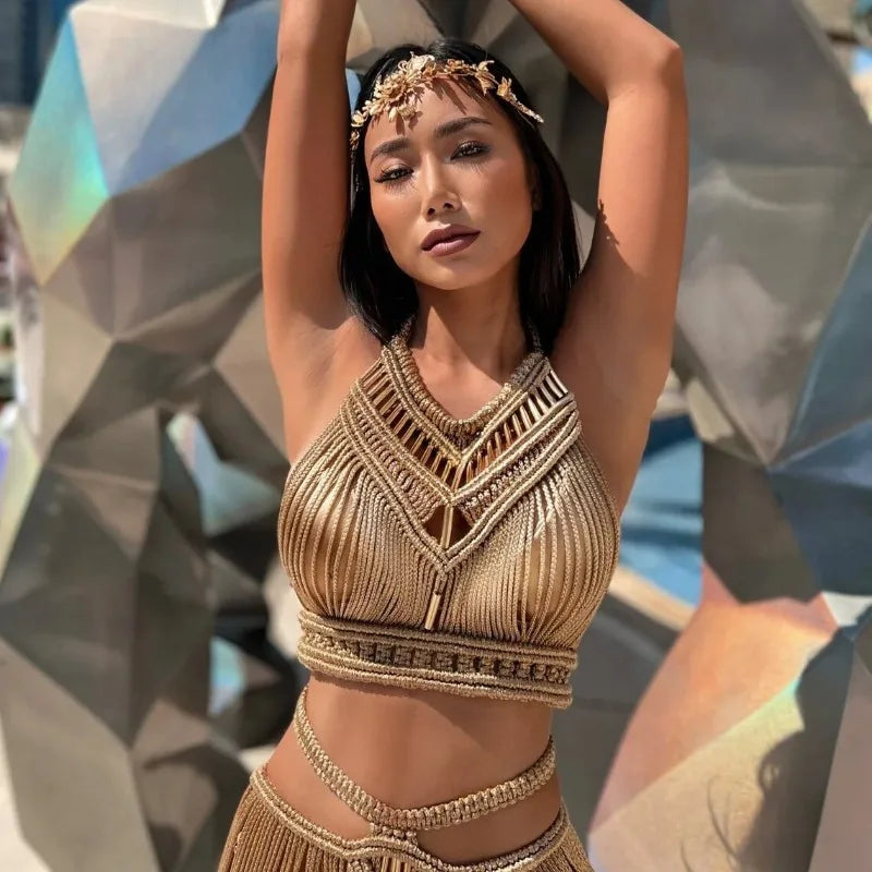 Handmade Knitted Crochet Women Cover Ups Off Shoulder Solid Tassel Crop Top Long Maxi Skirts Set 2025 Summer Beach Bathing Suit