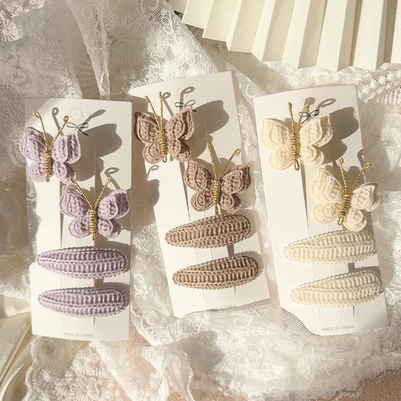 4pcs Sweet and Cute Children's Hair Clip Wool Knitting Headwear Handmade Crochet Butterfly Alloy Children Hairpins Wholesale